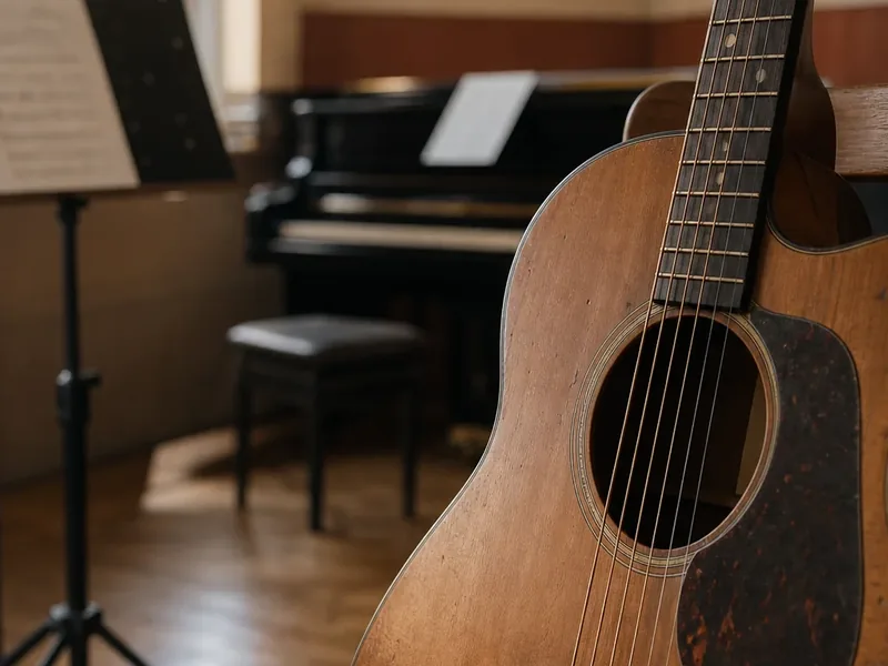 Nahaufnahme einer Akustikgitarre in warmem Licht