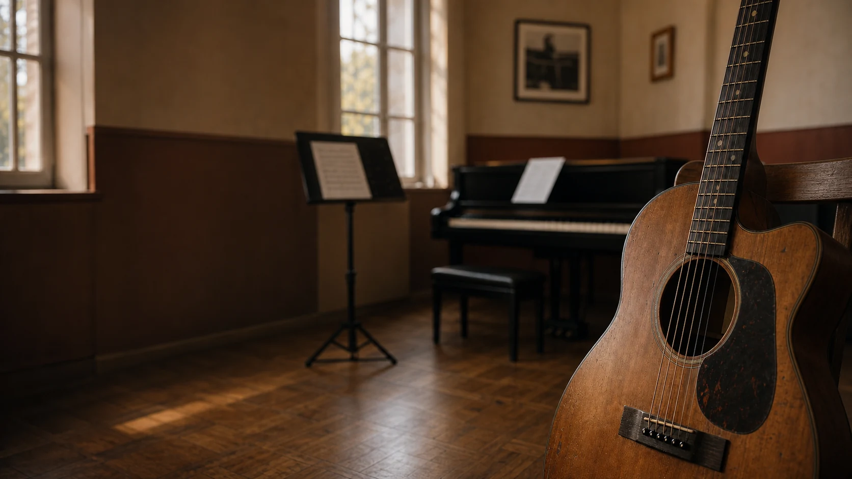 Akustikgitarre in einem warmen Unterrichtsraum mit Klavier