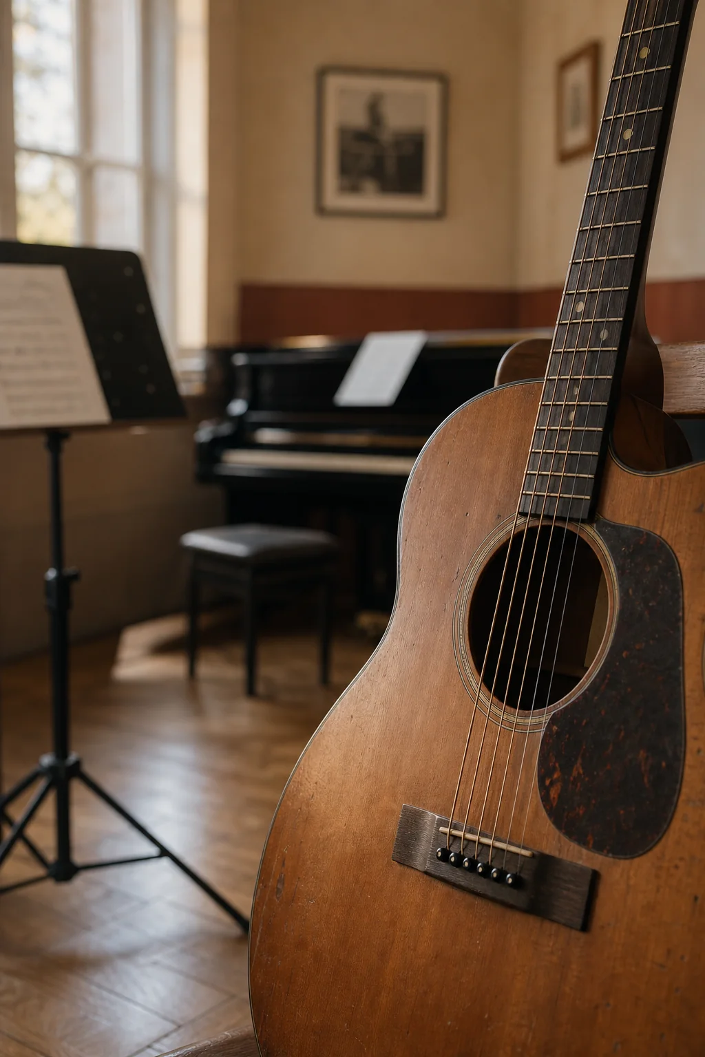 Nahaufnahme einer Akustikgitarre in warmem Licht